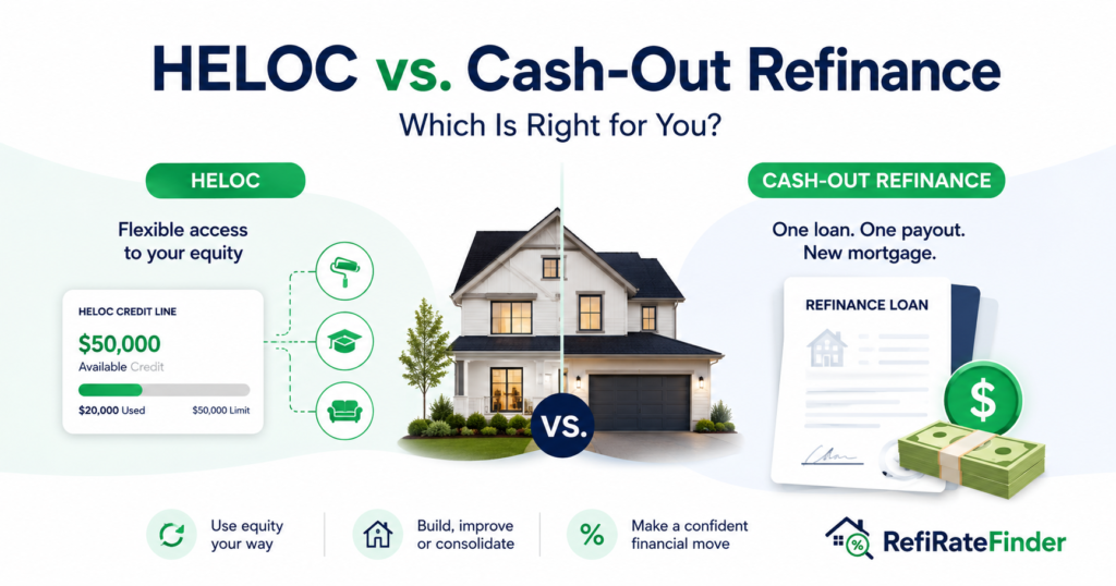 Comparison graphic showing HELOC versus cash-out refinance options for homeowners