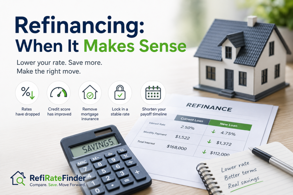 Refinancing illustration with a home, savings calculator, and refinance comparison showing when refinancing may make sense