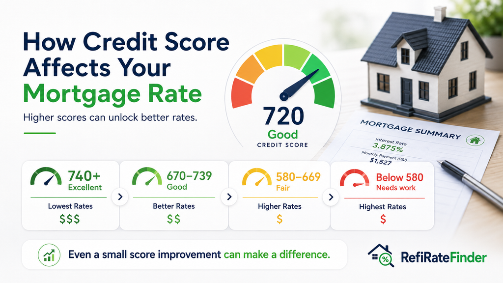 Infographic showing how credit score ranges can affect mortgage rates, from excellent credit at 740+ to below 580
